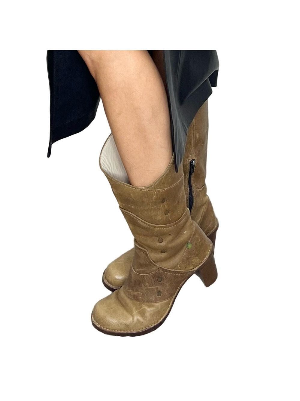 El Naturalista Spain distressed tan leather patchwork studded heeled boho boots - Picture 2 of 16